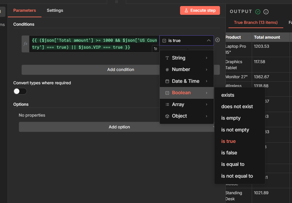 IF node condition with expression