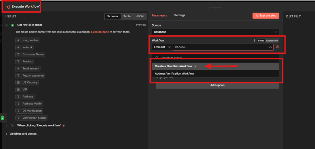 configuring execute workflow node in n8n