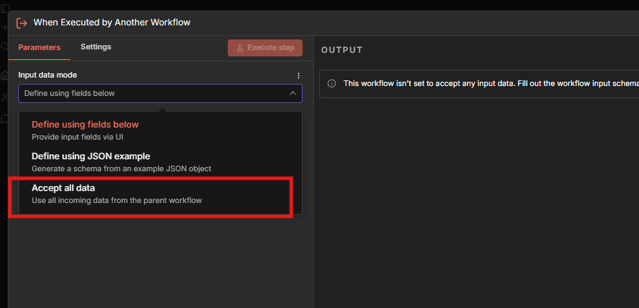 When executed by another workflow node settings in n8n