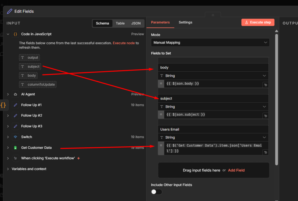 Mapping the code node's response to SET node