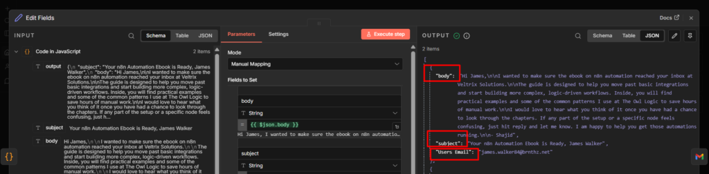 Output from the code node to set node