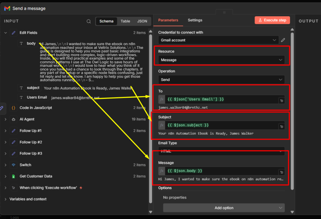 Mapping the SET nodes response to Gmail node
