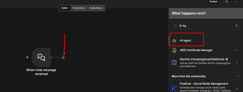 Add the AI Agent node to the Chat trigger
