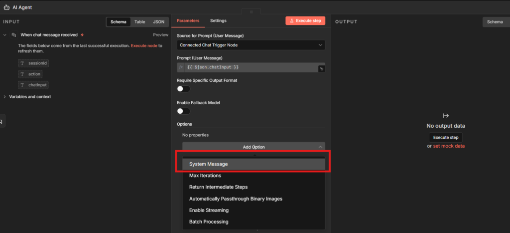 Adding system message to n8n AI agent