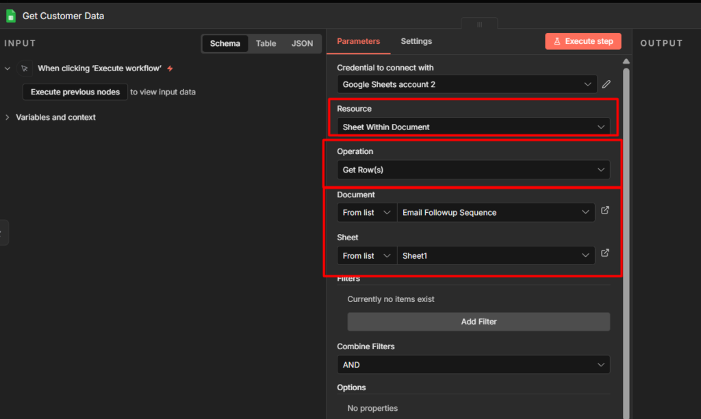 Google sheets node configs