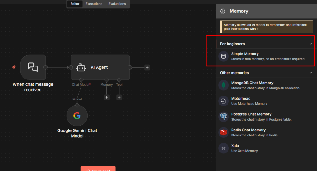 Adding simple memory to AI agent in n8n