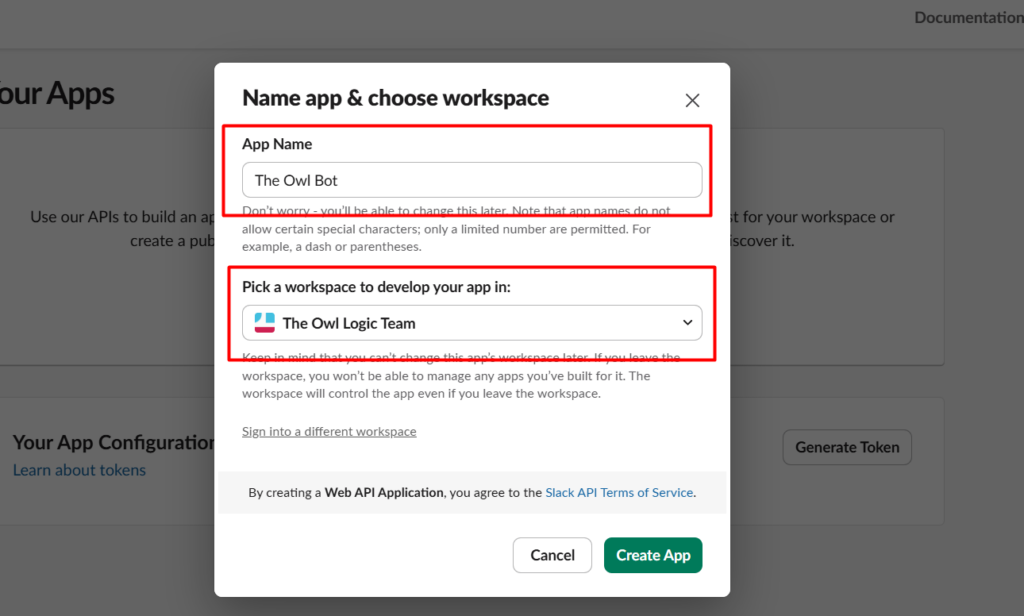 Selecting a new app name and picking the workspace