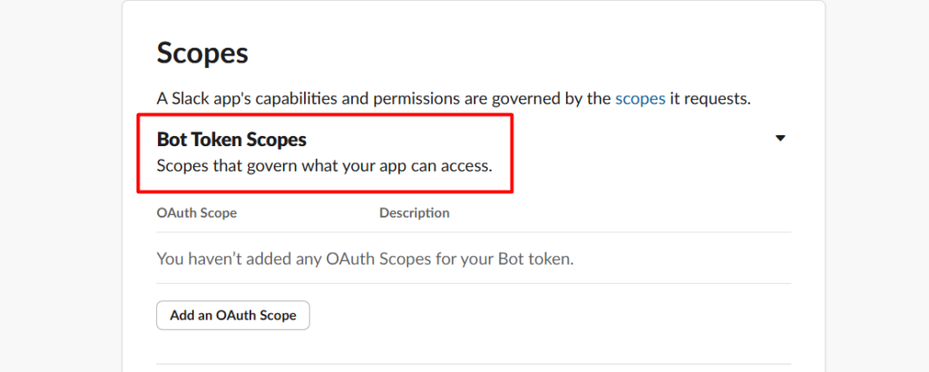 Selecting the bot token scopes