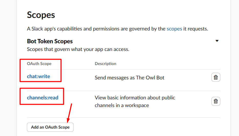 Adding more scopes to bot token scopes