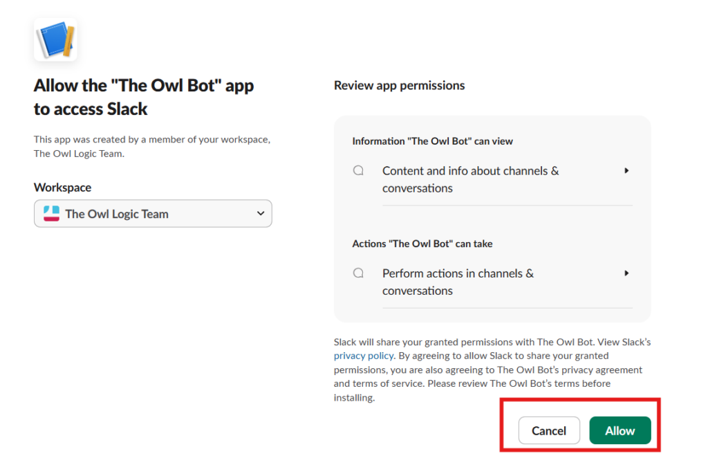 Allowing the app permissions to the slack workspace