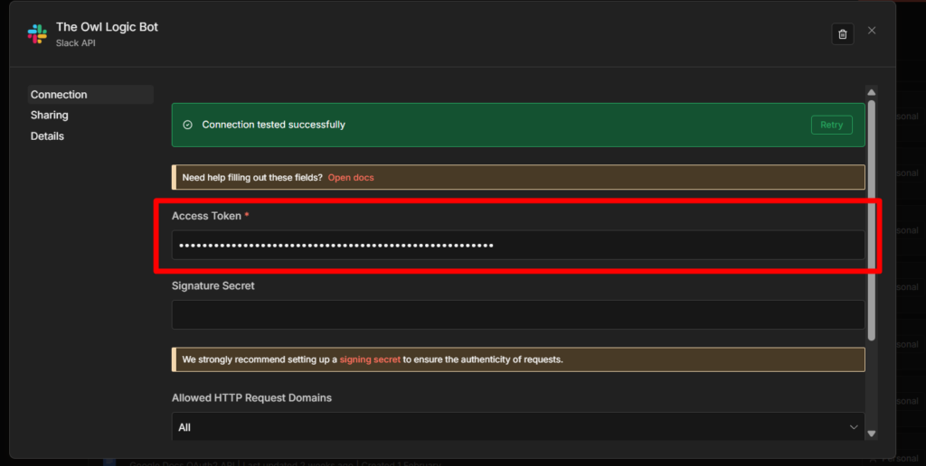 Pasting the Bot Auth Token to Slack API credentials
