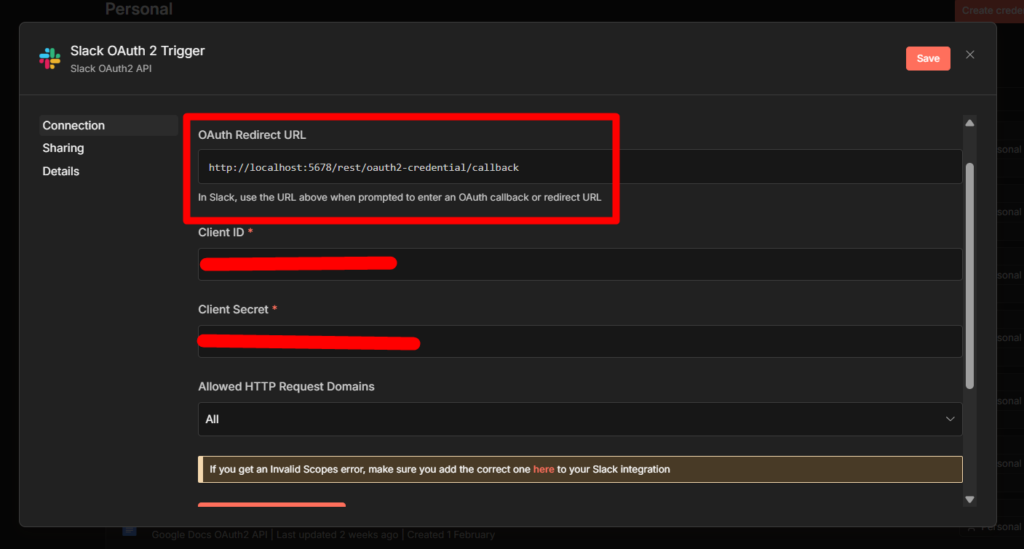 Pasting the credentials of Slack ID and Secret