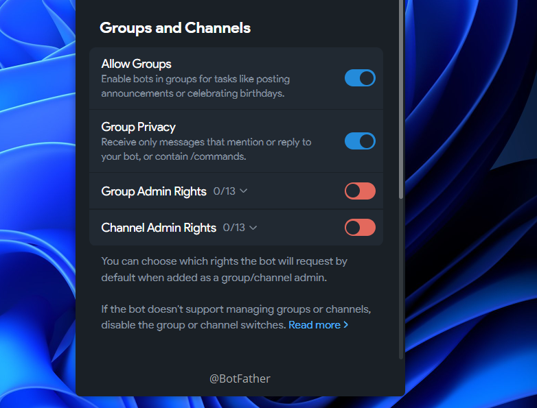Editing bot group privacy in telegram