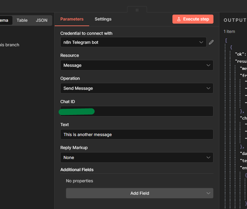 connecting a send message telegram node in n8n