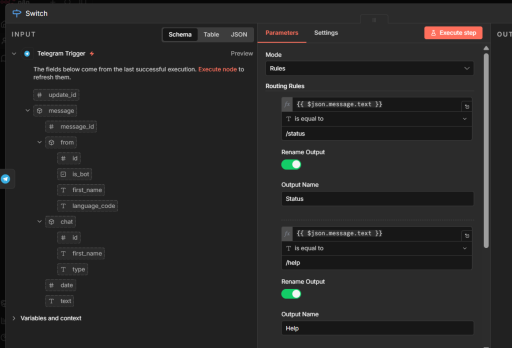 configuring the expression rule in n8n for telegram bot