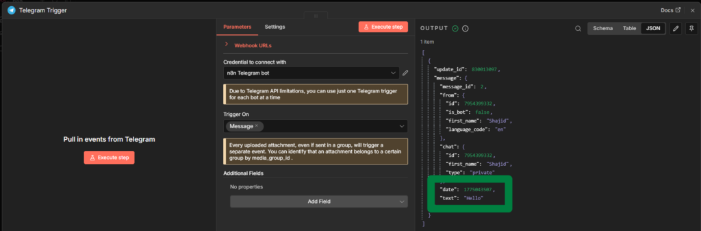 telegram webhook payload in n8n